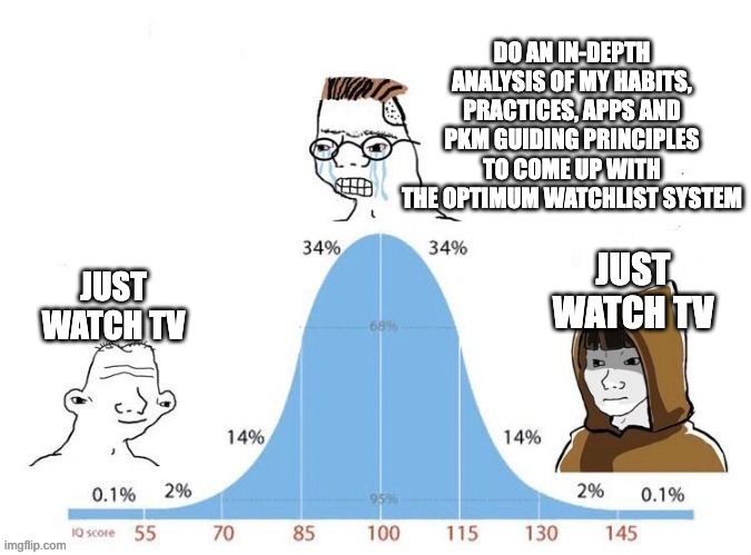 Bell Curve | DO AN IN-DEPTH ANALYSIS OF MY HABITS, PRACTICES, APPS AND PKM GUIDING PRINCIPLES TO COME UP WITH THE OPTIMUM WATCHLIST SYSTEM; JUST WATCH TV; JUST WATCH TV | image tagged in bell curve | made w/ Imgflip meme maker