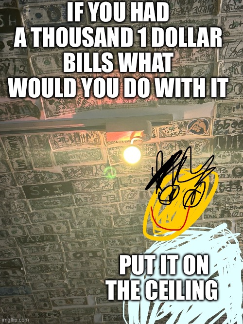 Money | IF YOU HAD A THOUSAND 1 DOLLAR BILLS WHAT WOULD YOU DO WITH IT; PUT IT ON THE CEILING | image tagged in money,1,1 dollar | made w/ Imgflip meme maker