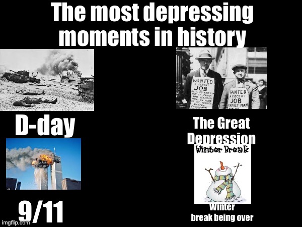 Winter break is over for me ??? | The most depressing moments in history; The Great Depression; D-day; 9/11; Winter break being over | image tagged in the shining winter,9/11,depression | made w/ Imgflip meme maker