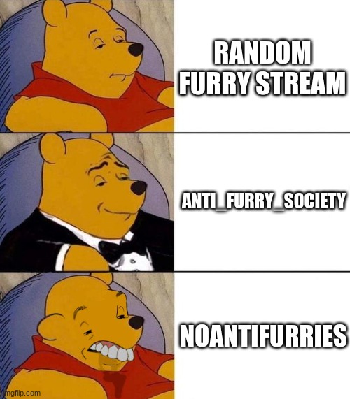 you have your fun in your stream, but noantifurries is pointlessly existing | RANDOM FURRY STREAM; ANTI_FURRY_SOCIETY; NOANTIFURRIES | image tagged in best better blurst | made w/ Imgflip meme maker