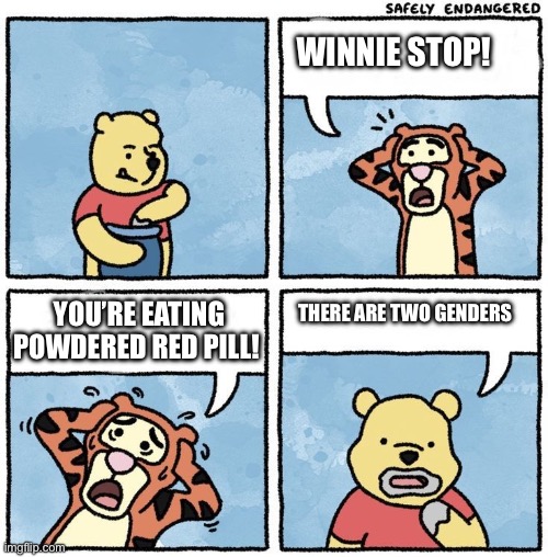 Winnie the Pooh got based and red-pilled | WINNIE STOP! YOU’RE EATING POWDERED RED PILL! THERE ARE TWO GENDERS | image tagged in sweet jesus pooh,based,red pill | made w/ Imgflip meme maker