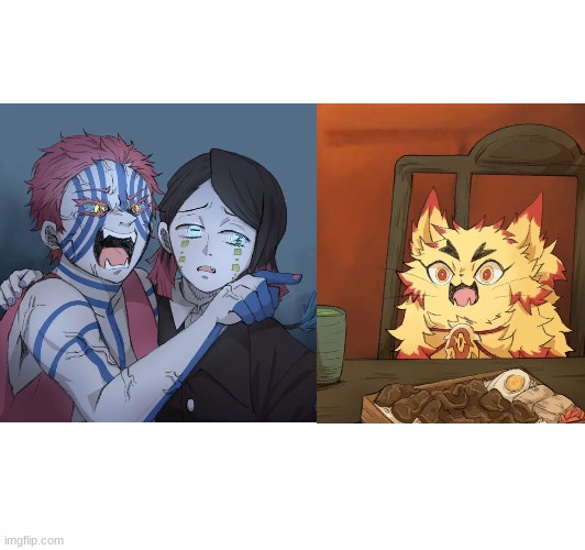 Akaza yelling at cat | image tagged in demon slayer,woman yelling at cat | made w/ Imgflip meme maker