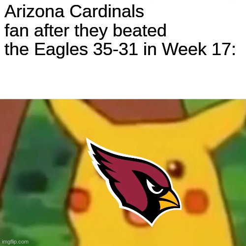 week late but ok | Arizona Cardinals fan after they beated the Eagles 35-31 in Week 17: | image tagged in memes,surprised pikachu | made w/ Imgflip meme maker