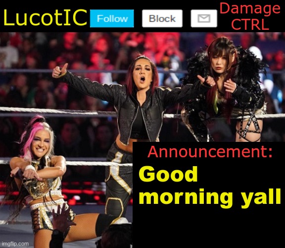 LucotIC's Damage CTRL Announcement temp | Good morning yall | image tagged in lucotic's damage ctrl announcement temp | made w/ Imgflip meme maker