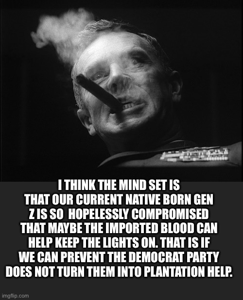 General Ripper (Dr. Strangelove) | I THINK THE MIND SET IS THAT OUR CURRENT NATIVE BORN GEN Z IS SO  HOPELESSLY COMPROMISED THAT MAYBE THE IMPORTED BLOOD CAN HELP KEEP THE LIG | image tagged in general ripper dr strangelove | made w/ Imgflip meme maker