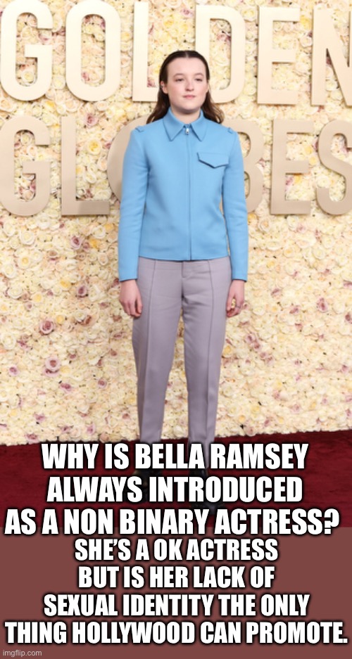 Please spare me | WHY IS BELLA RAMSEY ALWAYS INTRODUCED AS A NON BINARY ACTRESS? SHE’S A OK ACTRESS BUT IS HER LACK OF SEXUAL IDENTITY THE ONLY THING HOLLYWOOD CAN PROMOTE. | image tagged in who cares | made w/ Imgflip meme maker