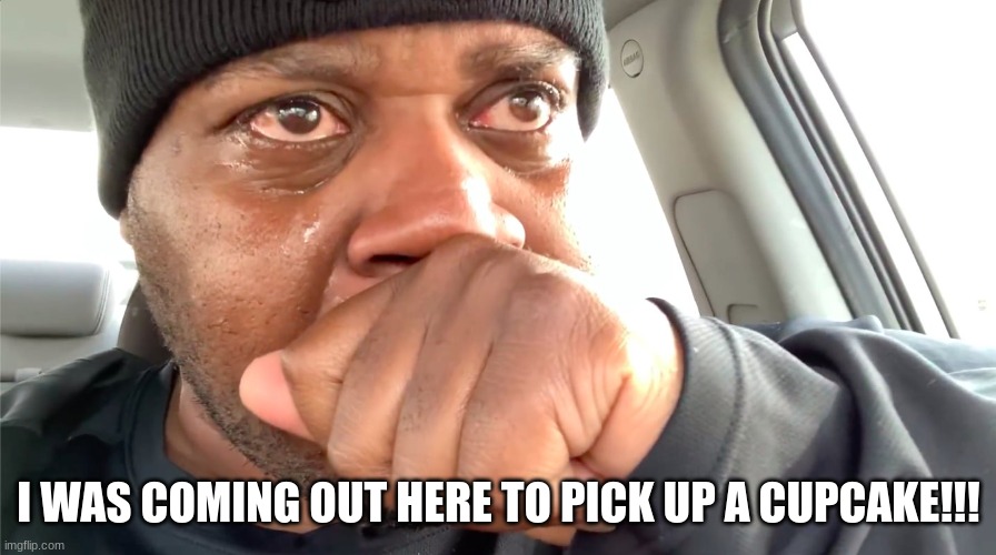 edp445 crying meme | I WAS COMING OUT HERE TO PICK UP A CUPCAKE!!! | image tagged in edp445 crying meme | made w/ Imgflip meme maker