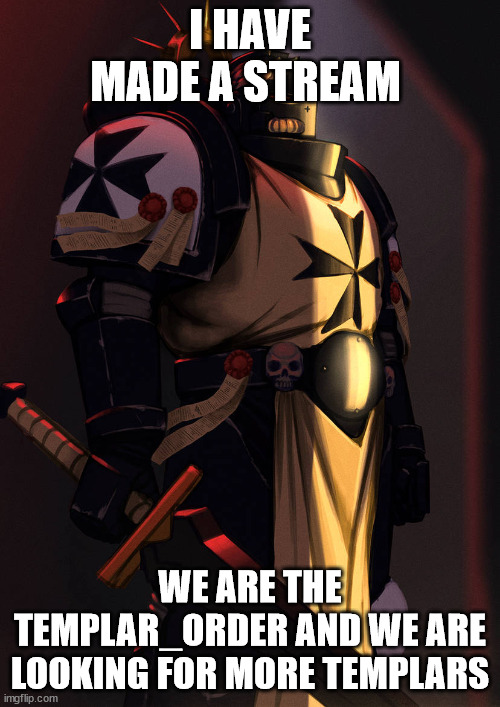 emperor's champion art 40k | I HAVE MADE A STREAM; WE ARE THE TEMPLAR_ORDER AND WE ARE LOOKING FOR MORE TEMPLARS | image tagged in emperor's champion art 40k | made w/ Imgflip meme maker