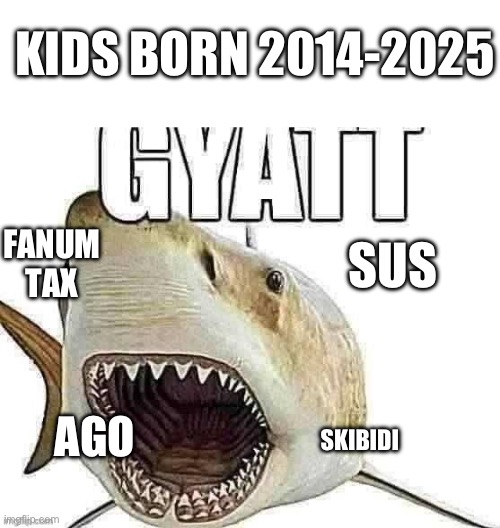 KIDS BORN 2014-2025; FANUM TAX; SUS; AGO; SKIBIDI | image tagged in blank white template,shark gyatt | made w/ Imgflip meme maker