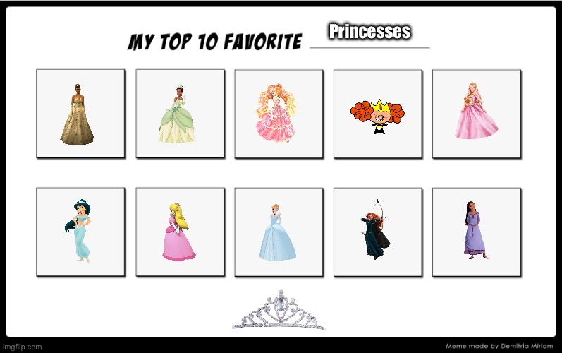 Brandon's Top 10 Favorite Princesses | Princesses | image tagged in my top 10,powerpuff girls,disney princess,pixar,barbie,deviantart | made w/ Imgflip meme maker