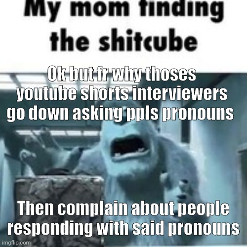 "cats or dogs" "cats" "ugh people only care about cats nowadays." | Ok but fr why thoses youtube shorts interviewers go down asking ppls pronouns; Then complain about people responding with said pronouns | image tagged in my mom finding the shitcube | made w/ Imgflip meme maker