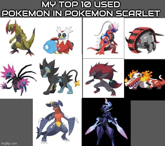Names of all the Pokemon in order in comments   repost but do yours and link yours in comments | MY TOP 10 USED POKEMON IN POKEMON SCARLET | image tagged in pokemon,pokemon scarlet | made w/ Imgflip meme maker