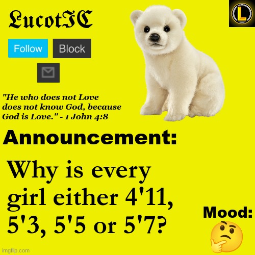 . | Why is every girl either 4'11, 5'3, 5'5 or 5'7? 🤔 | image tagged in lucotic polar bear announcement temp v3 | made w/ Imgflip meme maker