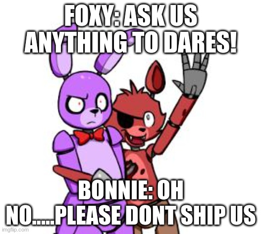 FNaF Hype Everywhere | FOXY: ASK US ANYTHING TO DARES! BONNIE: OH NO.....PLEASE DONT SHIP US | image tagged in fnaf hype everywhere | made w/ Imgflip meme maker