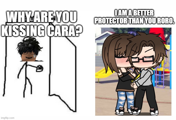 Roro the slender catches Male Cara kissing Cara | I AM A BETTER PROTECTOR THAN YOU RORO. WHY ARE YOU KISSING CARA? | image tagged in pop up school 2,pus2,male cara,cara,roro,love | made w/ Imgflip meme maker