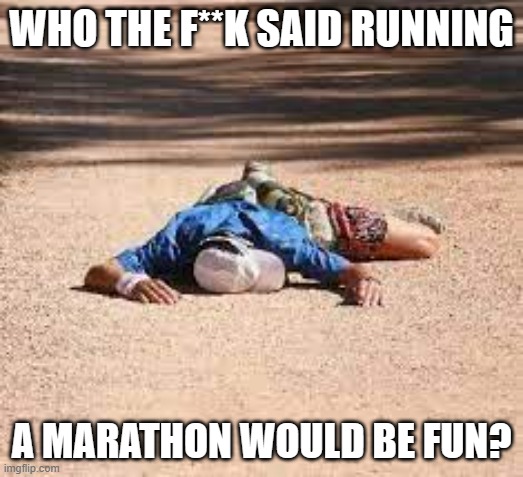 meme by Brad marathon runner passed out | WHO THE F**K SAID RUNNING; A MARATHON WOULD BE FUN? | image tagged in sports,extreme sports,peter griffin running away,humor,funny meme | made w/ Imgflip meme maker