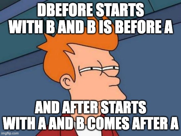 HUH | DBEFORE STARTS WITH B AND B IS BEFORE A; AND AFTER STARTS WITH A AND B COMES AFTER A | image tagged in memes,futurama fry | made w/ Imgflip meme maker