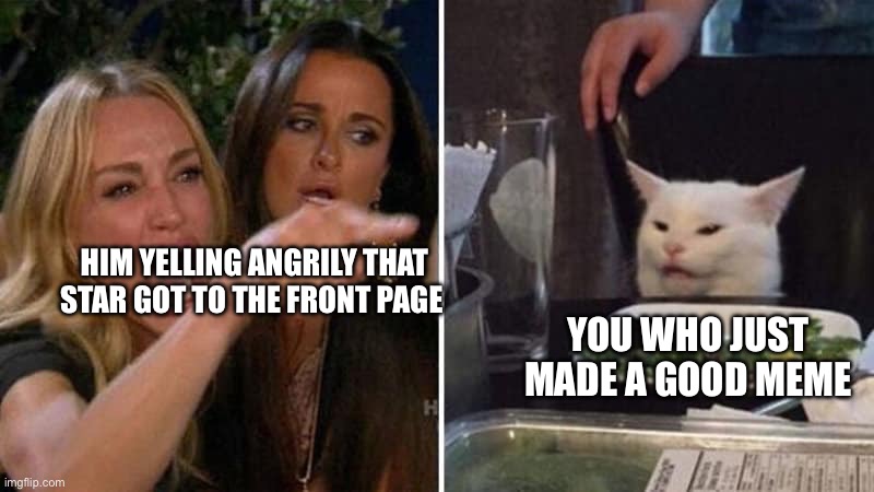 Girls vs Cat | HIM YELLING ANGRILY THAT STAR GOT TO THE FRONT PAGE YOU WHO JUST MADE A GOOD MEME | image tagged in girls vs cat | made w/ Imgflip meme maker