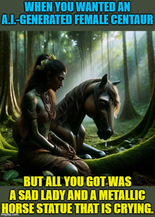 If you could just combine these two, that would be great. | WHEN YOU WANTED AN A.I.-GENERATED FEMALE CENTAUR; BUT ALL YOU GOT WAS A SAD LADY AND A METALLIC HORSE STATUE THAT IS CRYING. | image tagged in artificial intelligence,memes,centaur | made w/ Imgflip meme maker