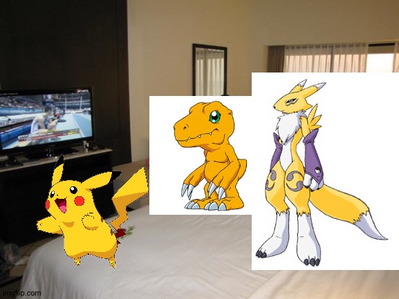 Pikachu,Agumon and Renamon having fun in their hotel room | image tagged in hotel room,crossover,pokemon,digimon | made w/ Imgflip meme maker