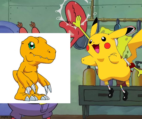 #PokemonandDigimonarebothawesome | image tagged in krusty krab spongebob high five,crossover,pokemon,digimon | made w/ Imgflip meme maker