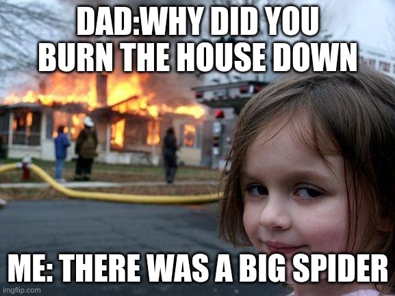 Disaster Girl | DAD:WHY DID YOU BURN THE HOUSE DOWN; ME: THERE WAS A BIG SPIDER | image tagged in memes,disaster girl | made w/ Imgflip meme maker