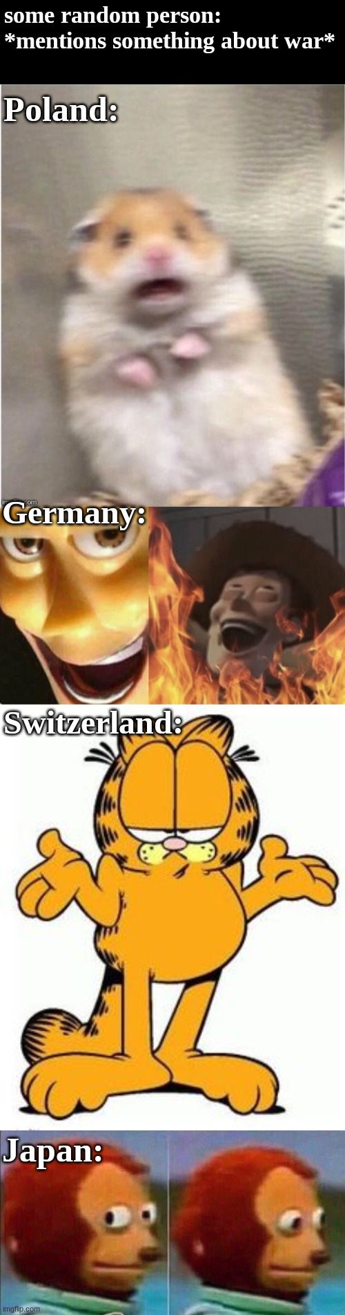 Here's a meme I made! :D | some random person: *mentions something about war*; Poland:; Germany:; Switzerland:; Japan: | image tagged in monkey,hamster,garfield,satanic woody,countryhumans,oh wow are you actually reading these tags | made w/ Imgflip meme maker