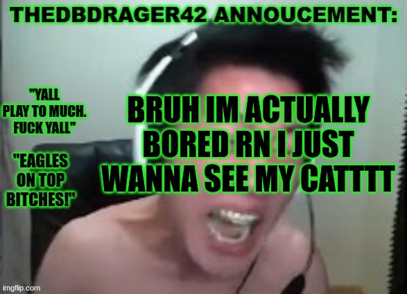 thedbdrager42s annoucement template | BRUH IM ACTUALLY BORED RN I JUST WANNA SEE MY CATTTT | image tagged in thedbdrager42s annoucement template | made w/ Imgflip meme maker