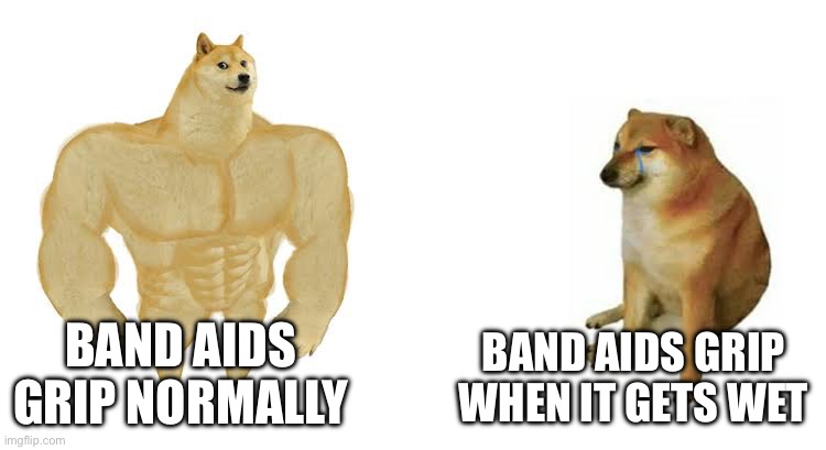Strong doge weak doge | BAND AIDS GRIP NORMALLY BAND AIDS GRIP WHEN IT GETS WET | image tagged in strong doge weak doge | made w/ Imgflip meme maker