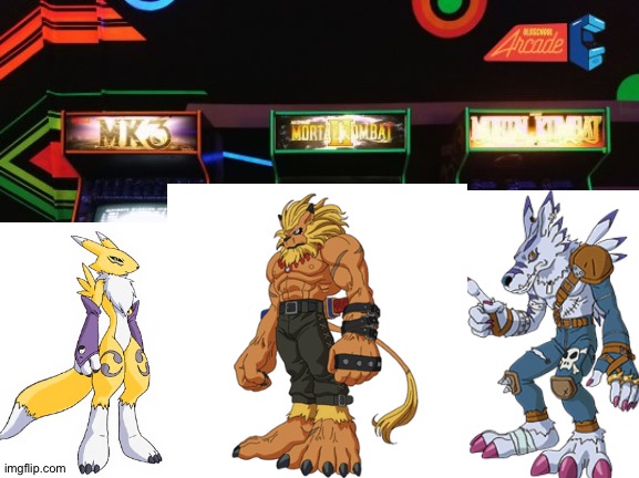 Renamon,Leomon and WereGarurumon having fun at the arcade | image tagged in arcade,digimon | made w/ Imgflip meme maker