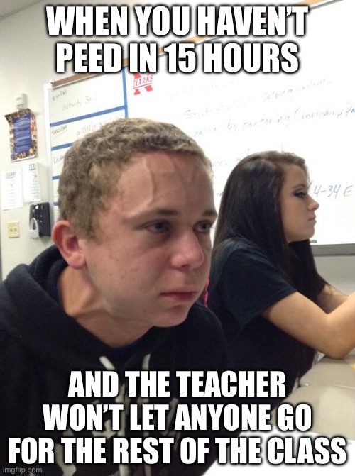 Hold fart | WHEN YOU HAVEN’T PEED IN 15 HOURS; AND THE TEACHER WON’T LET ANYONE GO FOR THE REST OF THE CLASS | image tagged in hold fart,funny,pee,school | made w/ Imgflip meme maker