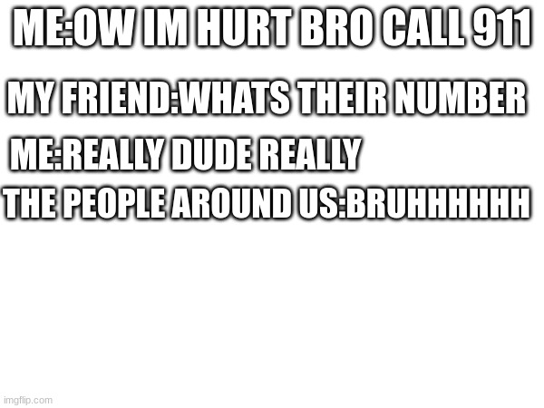 ME:OW IM HURT BRO CALL 911; MY FRIEND:WHATS THEIR NUMBER; ME:REALLY DUDE REALLY; THE PEOPLE AROUND US:BRUHHHHHH | image tagged in oh wow are you actually reading these tags,lol | made w/ Imgflip meme maker