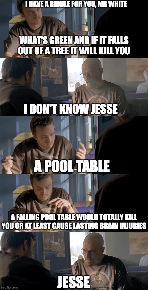 Jesse? | I HAVE A RIDDLE FOR YOU, MR WHITE; WHAT'S GREEN AND IF IT FALLS OUT OF A TREE IT WILL KILL YOU; I DON'T KNOW JESSE; A POOL TABLE; A FALLING POOL TABLE WOULD TOTALLY KILL YOU OR AT LEAST CAUSE LASTING BRAIN INJURIES; JESSE | image tagged in jesse wtf are you talking about,breaking bad,memes,funny | made w/ Imgflip meme maker