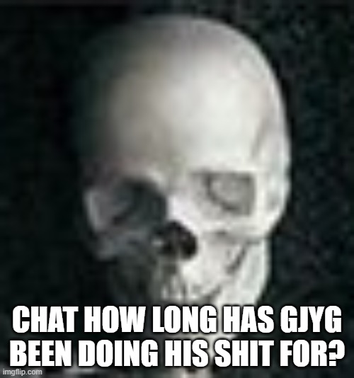 Skull | CHAT HOW LONG HAS GJYG BEEN DOING HIS SHIT FOR? | image tagged in skull | made w/ Imgflip meme maker