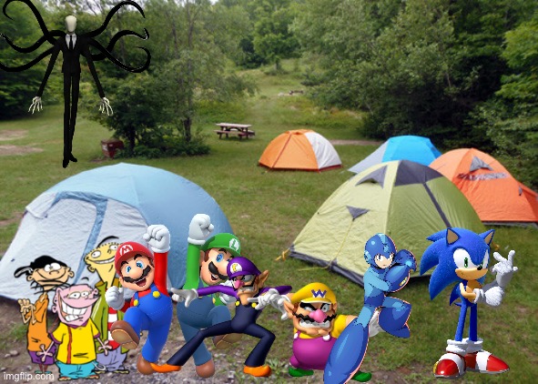 Wario and Friends dies by Slender man while camping | image tagged in tent city,wario dies,crossover | made w/ Imgflip meme maker