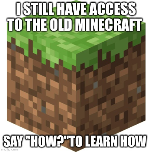 i have old minecraft real! | I STILL HAVE ACCESS TO THE OLD MINECRAFT; SAY "HOW?"TO LEARN HOW | image tagged in minecraft block | made w/ Imgflip meme maker