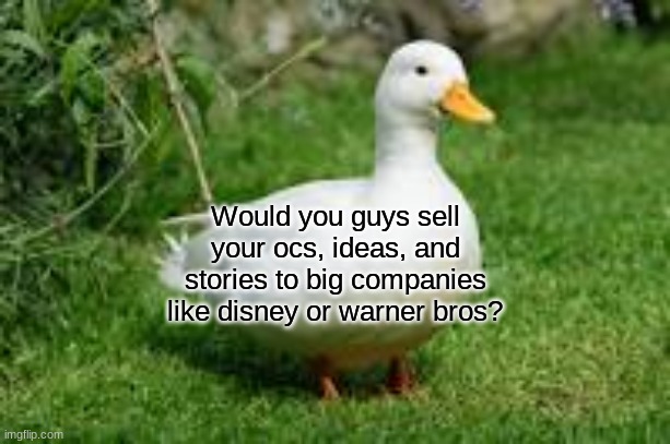 would yo guys sell your stories to big companies? | Would you guys sell your ocs, ideas, and stories to big companies like disney or warner bros? | image tagged in aat3 | made w/ Imgflip meme maker