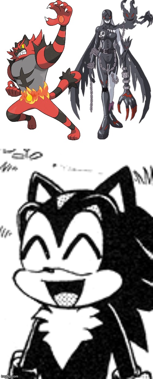 Shadow is a huge fan of Incineroar and Ladydevimon | image tagged in happy shadow,crossover,pokemon,digimon,sonic the hedgehog | made w/ Imgflip meme maker