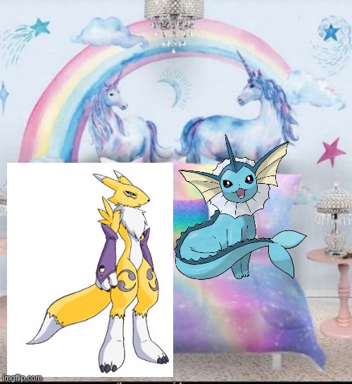 Renamon and Vaporeon having fun in their Unicorn and rainbow themed hotel room | image tagged in unicorn and rainbow themed hotel room,pokemon,digimon,crossover | made w/ Imgflip meme maker