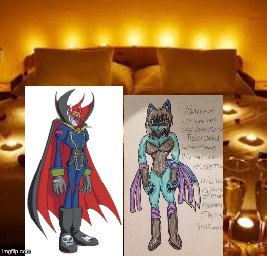 Myotismon and Natramon having a romantic moment in their romantic hotel room | image tagged in romantic hotel room,digimon | made w/ Imgflip meme maker