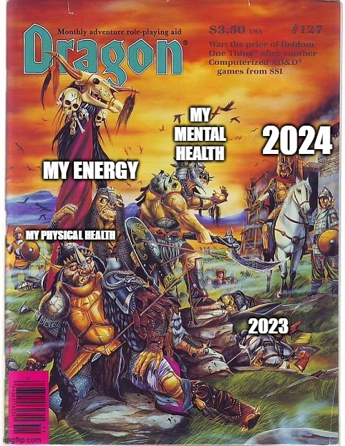 Cover of Dragon 127 by Jim Holloway | 2024; MY MENTAL HEALTH; MY ENERGY; MY PHYSICAL HEALTH; 2023 | image tagged in dragon magazine,mental health,2024,2023,hobgoblins,elves | made w/ Imgflip meme maker