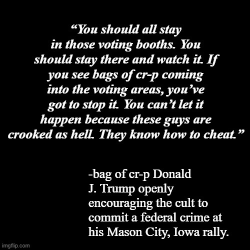 When you're not even trying to hide it anymore... | “You should all stay in those voting booths. You should stay there and watch it. If you see bags of cr-p coming into the voting areas, you’ve got to stop it. You can’t let it happen because these guys are crooked as hell. They know how to cheat.”; -bag of cr-p Donald J. Trump openly encouraging the cult to commit a federal crime at his Mason City, Iowa rally. | image tagged in plain black template | made w/ Imgflip meme maker