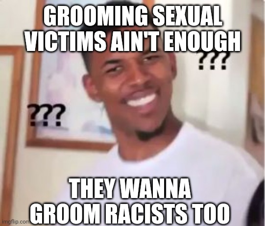 Nick Young | GROOMING SEXUAL VICTIMS AIN'T ENOUGH THEY WANNA GROOM RACISTS TOO | image tagged in nick young | made w/ Imgflip meme maker