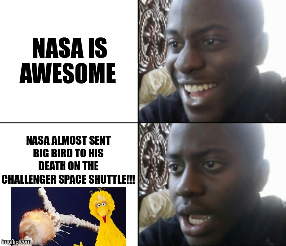 NASA almost killed Big Bird!!!! | NASA IS AWESOME; NASA ALMOST SENT BIG BIRD TO HIS DEATH ON THE CHALLENGER SPACE SHUTTLE!!! | image tagged in happy / shock,nasa,sesame street,muppets | made w/ Imgflip meme maker