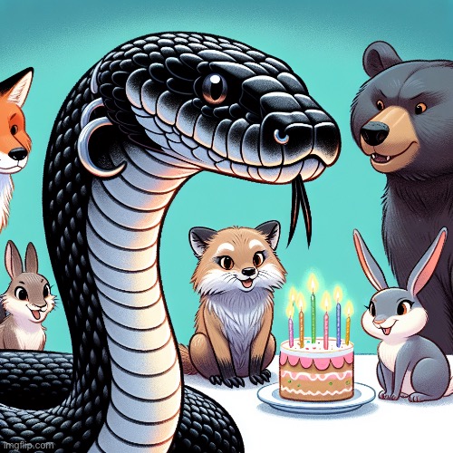 Imgflip AI prompt: Emo snake birthday celebration with friends | happy birthday my G | made w/ Imgflip meme maker