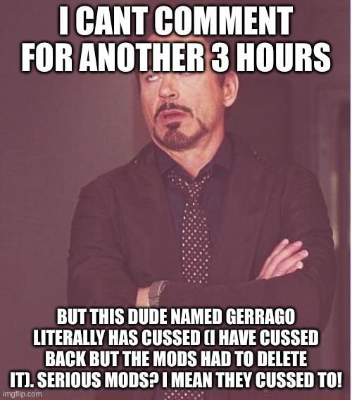 Face You Make Robert Downey Jr Meme | I CANT COMMENT FOR ANOTHER 3 HOURS; BUT THIS DUDE NAMED GERRAGO LITERALLY HAS CUSSED (I HAVE CUSSED BACK BUT THE MODS HAD TO DELETE IT). SERIOUS MODS? I MEAN THEY CUSSED TO! | image tagged in memes,face you make robert downey jr,mods | made w/ Imgflip meme maker