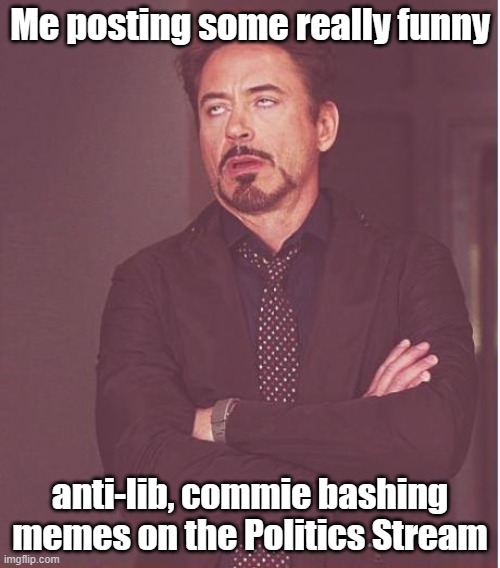 I only do it to tweek Ser. Donald Whathisnane | Me posting some really funny; anti-lib, commie bashing memes on the Politics Stream | image tagged in memes,face you make robert downey jr | made w/ Imgflip meme maker