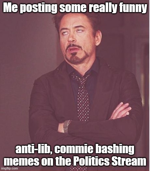 I only do it to tweek Ser. Donald Whathisnane | Me posting some really funny; anti-lib, commie bashing memes on the Politics Stream | image tagged in memes,face you make robert downey jr | made w/ Imgflip meme maker
