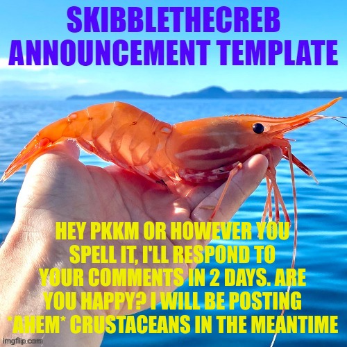 skibblethecreb announcement template | HEY PKKM OR HOWEVER YOU SPELL IT, I'LL RESPOND TO YOUR COMMENTS IN 2 DAYS. ARE YOU HAPPY? I WILL BE POSTING *AHEM* CRUSTACEANS IN THE MEANTIME | image tagged in skibblethecreb announcement template | made w/ Imgflip meme maker