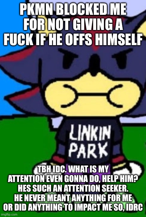 mfs so fucking attention hungry | PKMN BLOCKED ME FOR NOT GIVING A FUCK IF HE OFFS HIMSELF; TBH IDC. WHAT IS MY ATTENTION EVEN GONNA DO, HELP HIM? HES SUCH AN ATTENTION SEEKER. HE NEVER MEANT ANYTHING FOR ME OR DID ANYTHING TO IMPACT ME SO, IDRC | image tagged in shidow | made w/ Imgflip meme maker